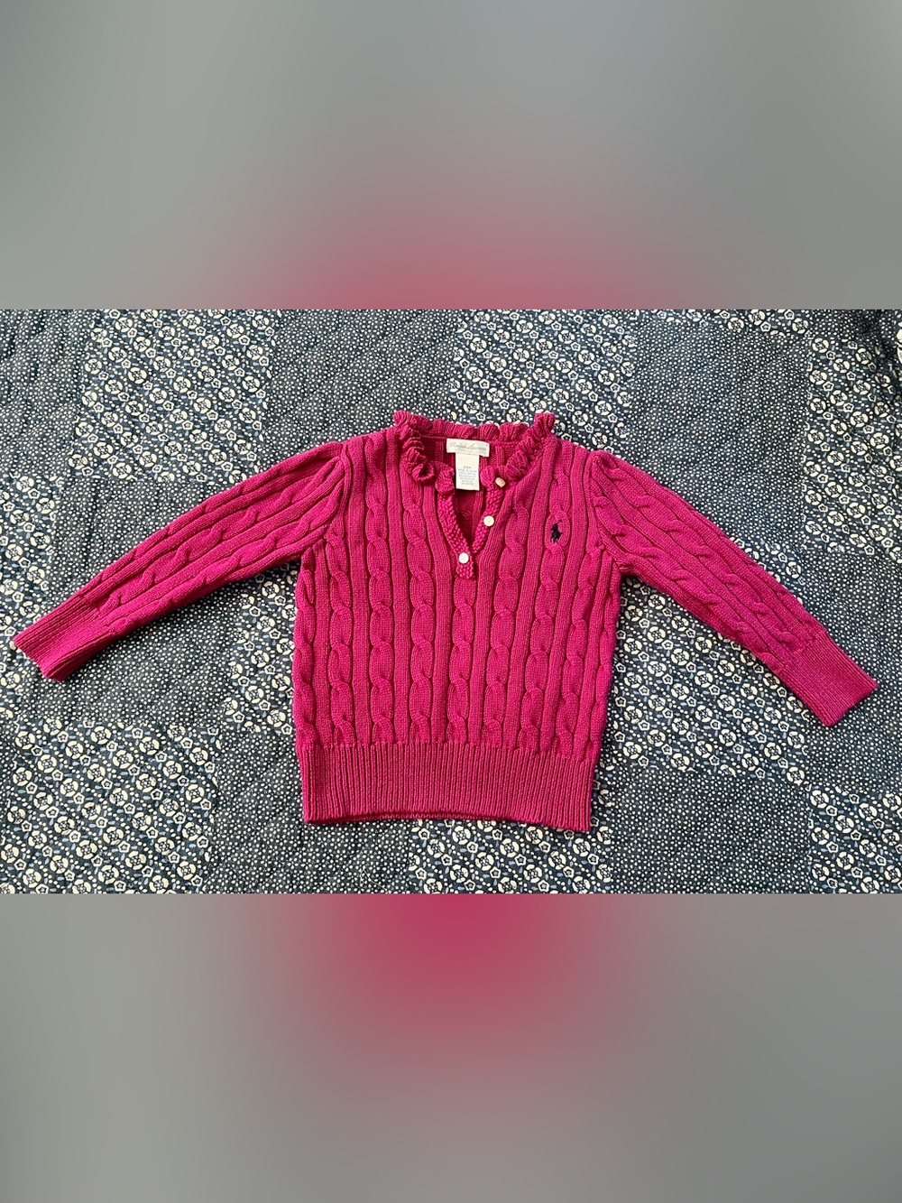 Ralph Lauren Girls' Ruffled V-Neck Cable Knit Sweater in Fuchsia 24Months